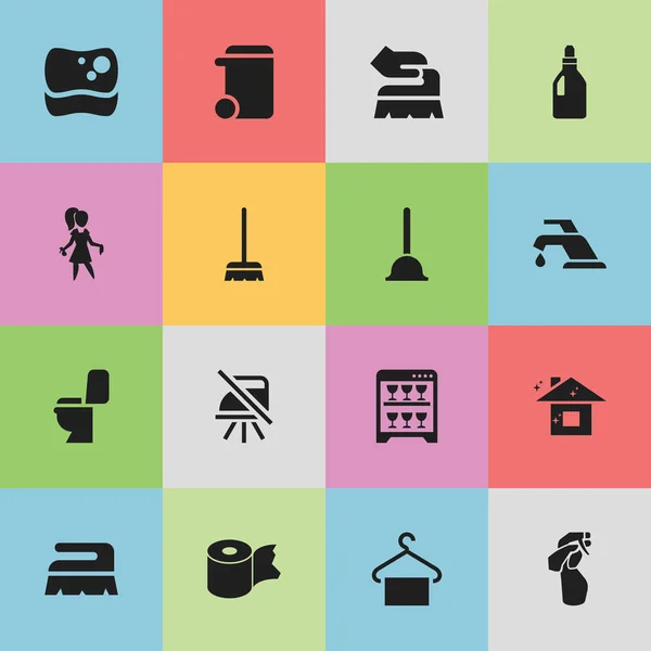 Set de 16 iconos de limpieza editables. Incluye símbolos como percha, lavavajillas, drenaje de goma y más. Puede ser utilizado para el diseño de la tela, móvil, interfaz de usuario e infografía . — Vector de stock