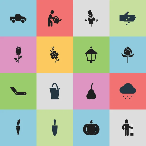 Conjunto de 16 iconos de plantación editables. Incluye símbolos como cubo, farola, furgoneta y más. Puede ser utilizado para el diseño de la tela, móvil, interfaz de usuario e infografía . — Vector de stock