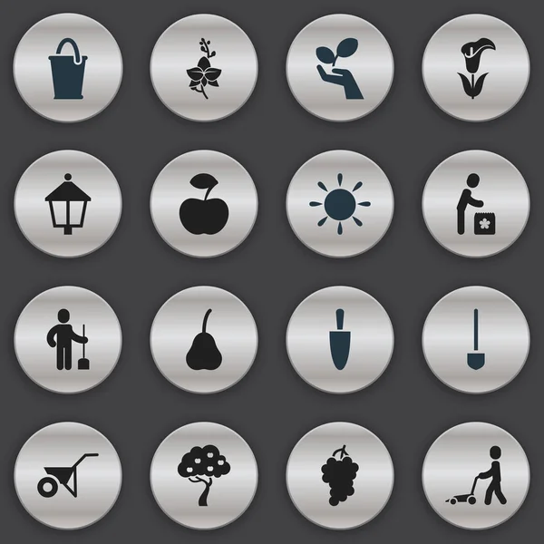 Conjunto de 16 iconos de plantación editables. Incluye símbolos como lirio, pala, sol y más. Puede ser utilizado para el diseño de la tela, móvil, interfaz de usuario e infografía . — Archivo Imágenes Vectoriales