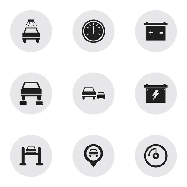 Satz von 9 editierbaren Transport-Symbolen. beinhaltet Symbole wie Akku, Batterie, Autoservice und vieles mehr. kann für Web-, Mobil-, UI- und Infografik-Design verwendet werden. — Stockvektor