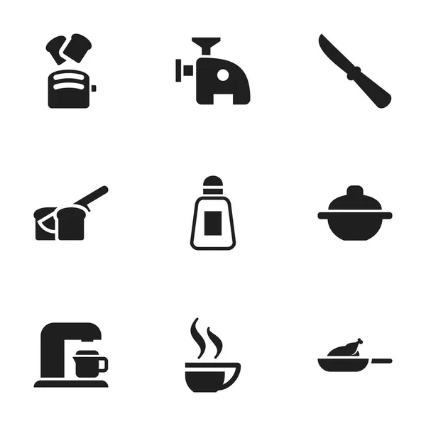 Atur 9 Ikon Makanan yang Dapat Disunting. Termasuk Symbols Such As Grill, Meat Grinder, Saucepan And More. Dapat Digunakan Untuk Web, Mobile, UI Dan Desain Infografis . - Stok Vektor