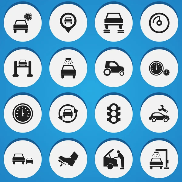 Set di 16 icone di trasporto modificabili. Include simboli come l'esposizione di velocità, lavaggio del veicolo, Treadle e altro ancora. Può essere utilizzato per la progettazione web, mobile, UI e infografica . — Vettoriale Stock