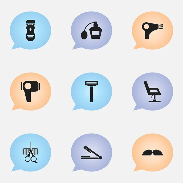 Set di 9 icone Coiffeur modificabili. Include simboli come profumo, rasoio, asciugacapelli e altro ancora. Può essere utilizzato per la progettazione web, mobile, UI e infografica . — Vettoriale Stock