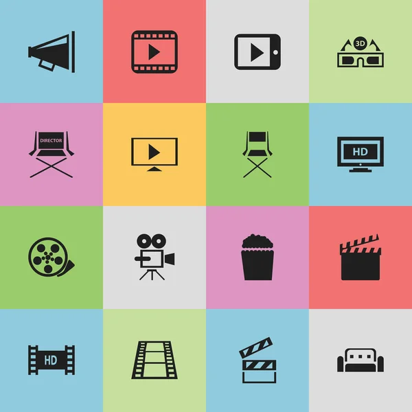 Set di 16 icone filmiche modificabili. Include simboli come divano, nastro, seduta di tiro e altro ancora. Può essere utilizzato per la progettazione web, mobile, UI e infografica . — Vettoriale Stock