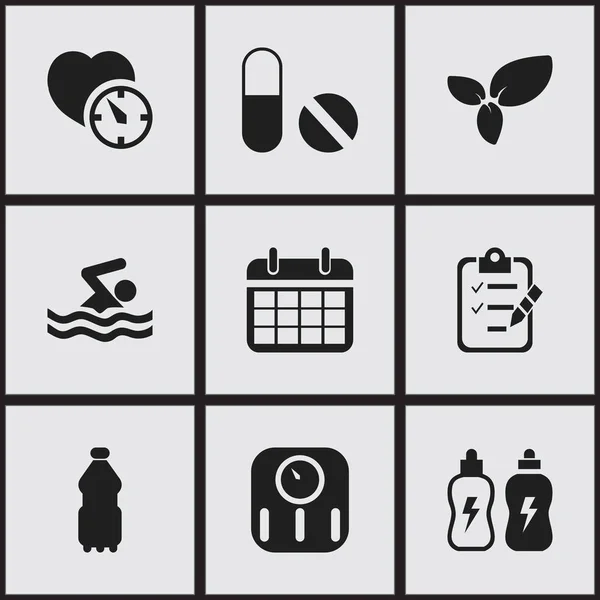 Sada 9 upravit životní styl ikon. Obsahuje symboly energetických nápojů, rostlin, váhy a další. Lze použít pro webové, mobilní, Ui a infografika Design. — Stockový vektor