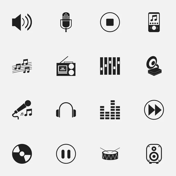 Набор из 16 таблиц Mp3 Icons. Includes Symbols such as Snare, Cassette Player, Karaoke and More. Can be used for Web, Mobile, UI and Infographic Design . — стоковый вектор
