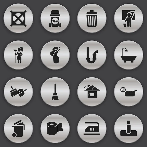 Sada 16 upravitelné vyčištění ikon. Obsahuje symboly jako je čištění muž, Trash, Hoover a další. Lze použít pro webové, mobilní, Ui a infografika Design. — Stockový vektor