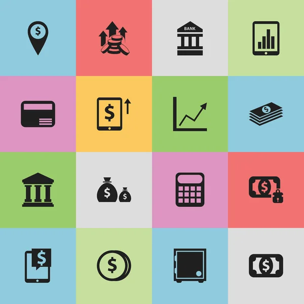 Sada 16 upravitelné Finance ikon. Obsahuje symboly, například umístění banky uložit peníze, měny a další. Lze použít pro webové, mobilní, Ui a infografika Design. — Stockový vektor