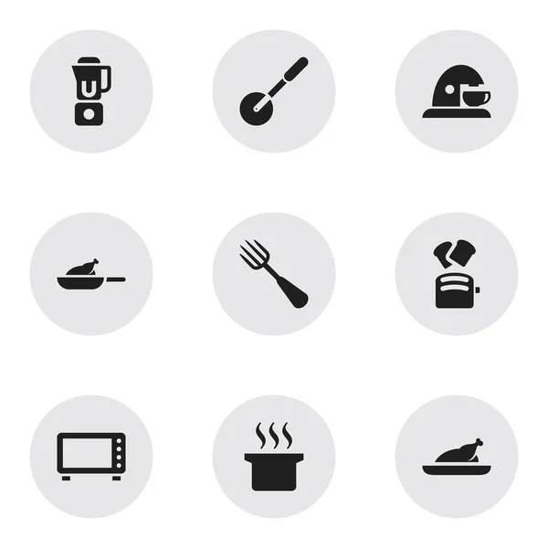 Набор из 9 столовых иконок для еды. Includes Symbols such as Soup Pot, Silverware, Grill and More. Can be used for Web, Mobile, UI and Infographic Design . — стоковый вектор