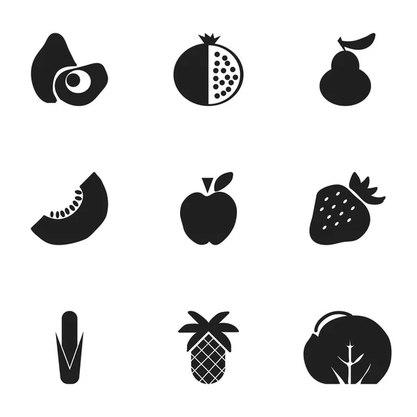 Készlet 9 szerkeszthető gyümölcsök ikonok. Papaya, sárgadinnye szelet, kukoricára, illetve szimbólumokat tartalmaz. Lehet használni a Web, mobil, Ui és Infographic Design. — Stock Vector