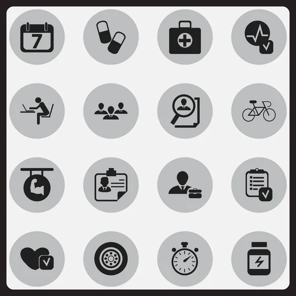 Conjunto de 16 iconos mixtos editables. Incluye símbolos como la identificación, cronómetro, drogas y más. Puede ser utilizado para el diseño de la tela, móvil, interfaz de usuario e infografía . — Vector de stock