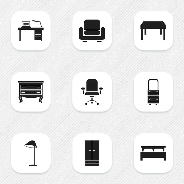 9 düzenlenebilir mobilya simgeler kümesi. Dolabı, ahşap masa ve duvar ayna gibi simgeler içerir. Web, mobil, UI ve Infographic tasarımı için kullanılabilir. — Stok Vektör