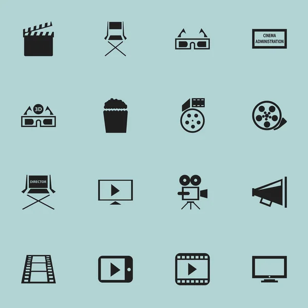 "Set Of 16 Editable Movie Icons". Включает такие символы, как стул, проигрыватель фильмов, начать видео и многое другое. Can be used for Web, Mobile, UI and Infographic Design . — стоковый вектор