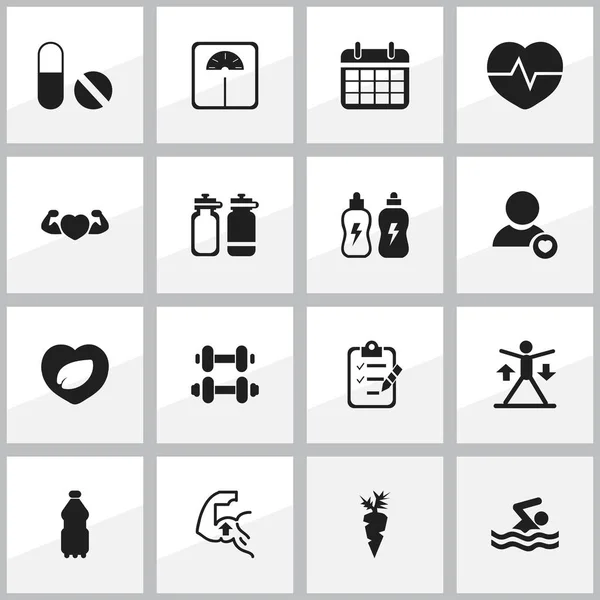 Set de 16 iconos deportivos editables. Incluye símbolos como latidos del corazón, natación, medición de peso y más. Puede ser utilizado para el diseño de la tela, móvil, interfaz de usuario e infografía . — Vector de stock