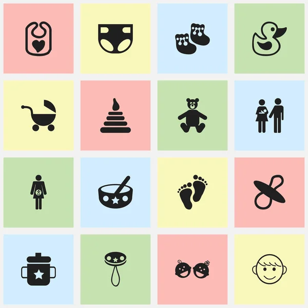 Set von 16 editierbaren Kindersymbolen. enthält Symbole wie Badespielzeug, Beruhigungsmittel, Schuhe für Babys und vieles mehr. kann für Web-, Mobil-, UI- und Infografik-Design verwendet werden. — Stockvektor