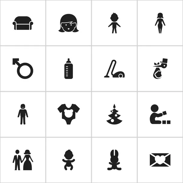 Satz von 16 editierbaren Familiensymbolen. beinhaltet Symbole wie Mama, Mutter, Canape und mehr. kann für Web-, Mobil-, UI- und Infografik-Design verwendet werden. — Stockvektor