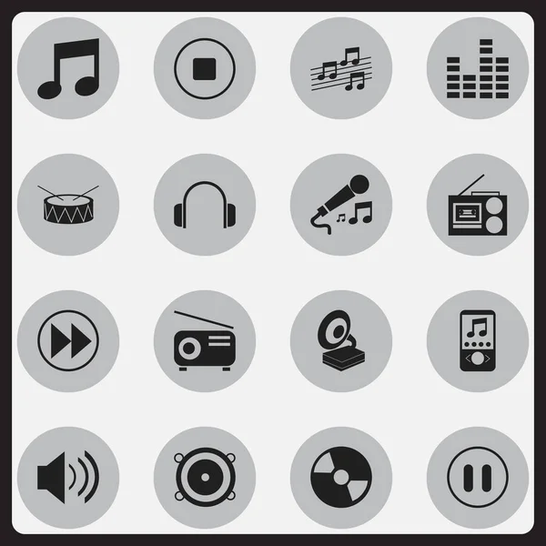 Set Of 16 Editable Melody Icons. Includes Symbols Such As Sound, Snare, Cassette Player And More. Can Be Used For Web, Mobile, UI And Infographic Design. — Stock Vector