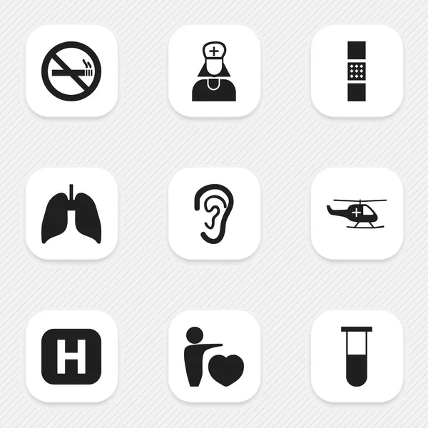 Набір з 9 корисних значків здоров'я. Включає в себе такі символи, як рана, слухайте, людська любов. Може використовуватися для веб, мобільного, інтерфейсу та інфографіки . — стоковий вектор