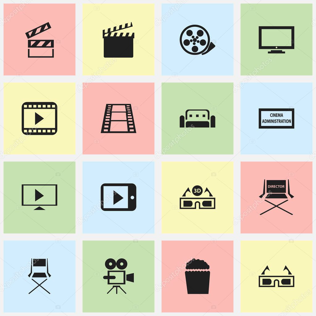 Set Of 16 Editable Movie Icons. Includes Symbols Such As Theater Agency, Monitor, Shooting Seat And More. Can Be Used For Web, Mobile, UI And Infographic Design.