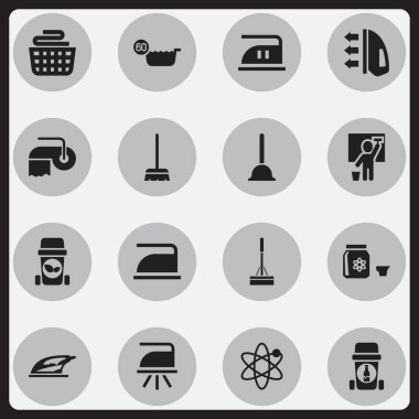 16 düzenlenebilir Temizleme simgeler kümesi. Temiz Garnitür Telleri, güç, tuvalet kağıdı ve daha fazlası gibi simgeler içerir. Web, mobil, UI ve Infographic tasarımı için kullanılabilir.