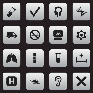 16 düzenlenebilir klinik simgeler kümesi. Tıbbi Havacılık, acil durum, klinik Oda ve daha fazlası gibi simgeler içerir. Web, mobil, UI ve Infographic tasarımı için kullanılabilir.