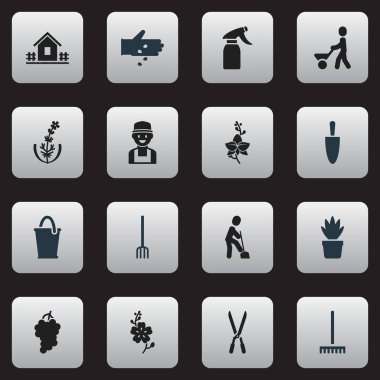 16 düzenlenebilir bitki simgeler kümesi. Çiftlik aracı, çiftçi, Bahçe makası ve daha fazlası gibi simgeler içerir. Web, mobil, UI ve Infographic tasarımı için kullanılabilir.