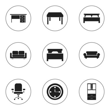 9 düzenlenebilir mobilyalar simgeler kümesi. Kanepe, Stillage, ahşap masa ve daha fazlası gibi simgeler içerir. Web, mobil, UI ve Infographic tasarımı için kullanılabilir.
