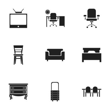 9 düzenlenebilir iç simgeler kümesi. Office, yatak, ergonomik koltuk ve daha fazlası gibi simgeler içerir. Web, mobil, UI ve Infographic tasarımı için kullanılabilir.