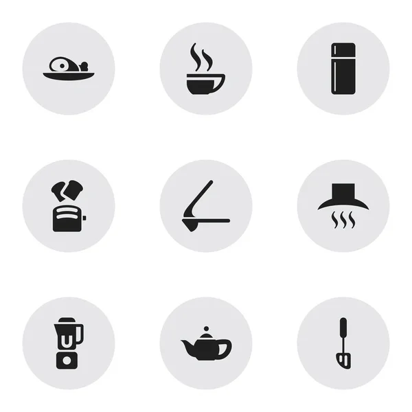 Набір з 9 значків їжі. Включає в себе такі символи, як ручний мікшер, холодильник, дробарка. Може використовуватися для веб, мобільного, інтерфейсу та інфографіки . — стоковий вектор