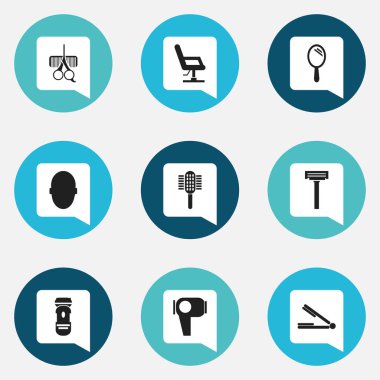 9 düzenlenebilir Tonsorial sanatçı simgeler kümesi. Tıraş makinesi, şarj cihazı, dirsek sandalye ve daha fazlası gibi simgeler içerir. Web, mobil, UI ve Infographic tasarımı için kullanılabilir.