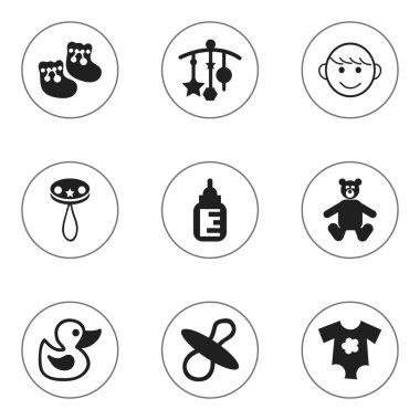 9 düzenlenebilir bebek simgeler kümesi. Teddy, banyo oyuncakları, Rattle ve daha fazlası gibi simgeler içerir. Web, mobil, UI ve Infographic tasarımı için kullanılabilir.