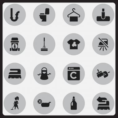 16 düzenlenebilir hijyen simgeler kümesi. Mutfak giyim, Hoover, çamaşırcı ve daha fazlası gibi simgeler içerir. Web, mobil, UI ve Infographic tasarımı için kullanılabilir.