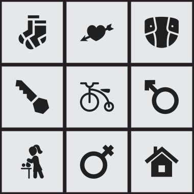 9 düzenlenebilir aile simgeler kümesi. Kilit, kadın işareti, anne ile bebek ve daha fazlası gibi simgeler içerir. Web, mobil, UI ve Infographic tasarımı için kullanılabilir.