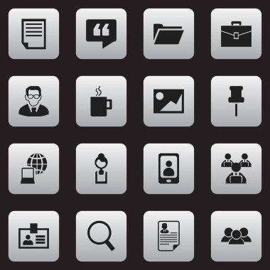 16 düzenlenebilir Bürosu simgeler kümesi. Dizüstü bilgisayar, dünya, yorum ve daha fazla işçi gibi simgeler içerir. Web, mobil, UI ve Infographic tasarımı için kullanılabilir.