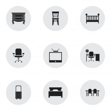 9 düzenlenebilir iç simgeler kümesi. Tuvalet, televizyon ve ergonomik koltuk gibi simgeler içerir. Web, mobil, UI ve Infographic tasarımı için kullanılabilir.