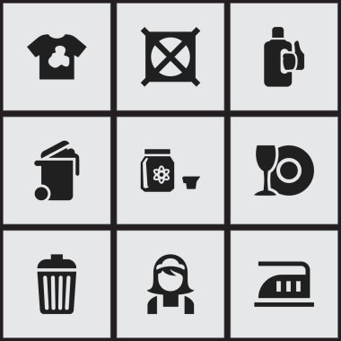 9 düzenlenebilir Kuru Temizleme simgeler kümesi. Çamaşır suyu, konteyner, plaka ve daha fazlası gibi simgeler içerir. Web, mobil, UI ve Infographic tasarımı için kullanılabilir.