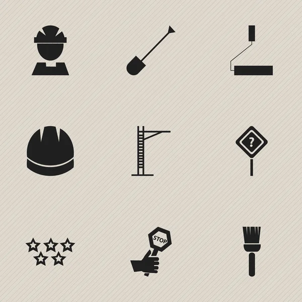 Set von 9 editierbaren Konstruktionssymbolen. beinhaltet Symbole wie Wischmopp, Spaten, Hebemaschine und vieles mehr. kann für Web-, Mobil-, UI- und Infografik-Design verwendet werden. — Stockvektor