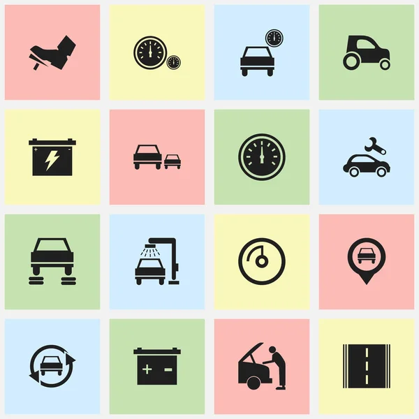 Набір з 16 значків редагування трафіку. Включає в себе такі символи, як акумулятор, автомобіль, регулювання швидкості та багато іншого. Може використовуватися для веб, мобільного, інтерфейсу та інфографіки . — стоковий вектор