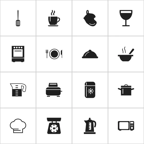 Set de 16 iconos de cocina editables. Incluye símbolos tales como plato, Wineglass, refrigerador y más. Puede ser utilizado para el diseño de la tela, móvil, interfaz de usuario e infografía . — Archivo Imágenes Vectoriales