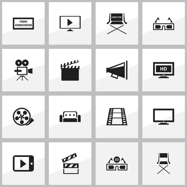 16 可编辑电影图标集。包括符号相机带、 胶带、 梆子等。可用于 Web、 移动、 Ui 和数据图表设计. — 图库矢量图片