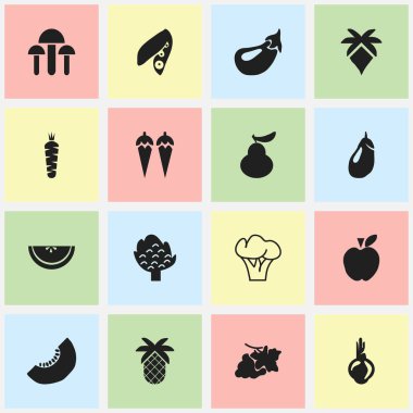 16 düzenlenebilir tatlı simgeler kümesi. Tropikal meyve, Jonagold, Champignon ve daha fazlası gibi simgeler içerir. Web, mobil, UI ve Infographic tasarımı için kullanılabilir.
