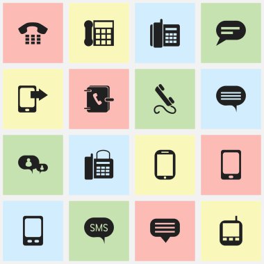 16 düzenlenebilir Gadget simgeler kümesi. Telefon, sohbet ve Tablet gibi simgeler içerir. Web, mobil, UI ve Infographic tasarımı için kullanılabilir.