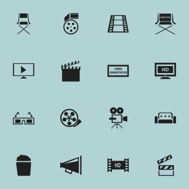 16 düzenlenebilir filme simgeler kümesi. Hd teyp, koltuk, Hd ekran ve daha fazla çekim gibi simgeler içerir. Web, mobil, UI ve Infographic tasarımı için kullanılabilir.