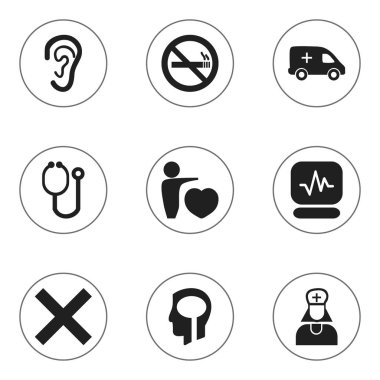 9 düzenlenebilir hastane simgeler kümesi. Nabız, Hastane görevlisi, insan sevgi ve daha fazla gibi simgeler içerir. Web, mobil, UI ve Infographic tasarımı için kullanılabilir.