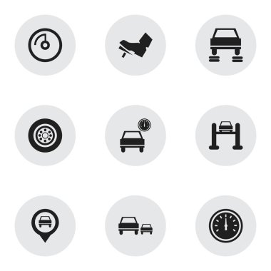 9 düzenlenebilir araç simgeler kümesi. Hız ekran, işaretçi, otomobil ve daha fazlası gibi simgeler içerir. Web, mobil, UI ve Infographic tasarımı için kullanılabilir.