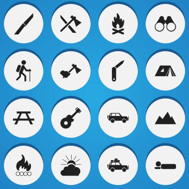 16 düzenlenebilir seyahat simgeler kümesi. Zirve, müzik aleti, ateş ve daha fazla gibi simgeler içerir. Web, mobil, UI ve Infographic tasarımı için kullanılabilir.