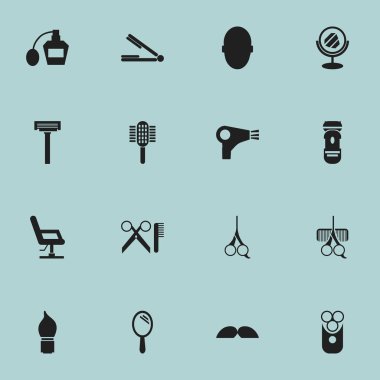16 düzenlenebilir Tonsorial sanatçı simgeler kümesi. Desiccator, beyin ve şarj cihazı gibi simgeler içerir. Web, mobil, UI ve Infographic tasarımı için kullanılabilir.