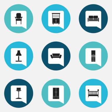 9 düzenlenebilir iç simgeler kümesi. Aydınlanma, kanepe, malzeme dolabı ve daha fazlası gibi simgeler içerir. Web, mobil, UI ve Infographic tasarımı için kullanılabilir.