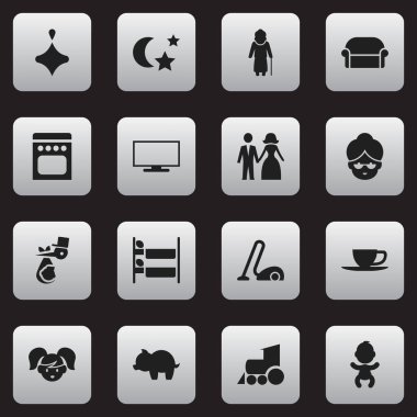 16 düzenlenebilir yakınları simgeler kümesi. Çay, büyükanne, Bebek gibi simgeler içerir. Web, mobil, UI ve Infographic tasarımı için kullanılabilir.