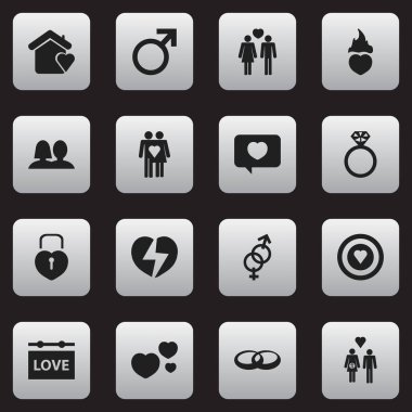 16 düzenlenebilir aşk simgeler kümesi. Aile, dart tahtası, evlilik ve daha fazlası gibi simgeler içerir. Web, mobil, UI ve Infographic tasarımı için kullanılabilir.